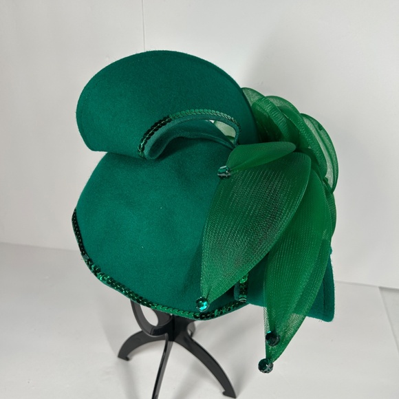 Deborah New York Hat Green 7” VTG Wool USA Sequence Tea Party Church Christmas - Picture 12 of 14